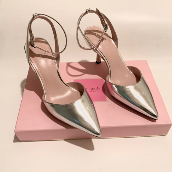 KATE SPADE Simone Pointed-toe Ankle-strap Leather Pumps Silver Dress Shoes 7.5 - Picture 6 of 9